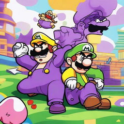 Draw Wario and Waluigi playfully bullying Luigi in a cartoonish style