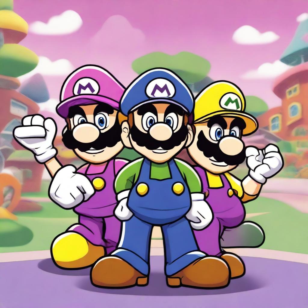 Draw Wario and Waluigi holding Luigi in a playful manner