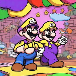 Draw Wario and Waluigi holding Luigi in a playful manner