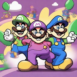 Draw Wario and Waluigi holding Luigi in a playful manner