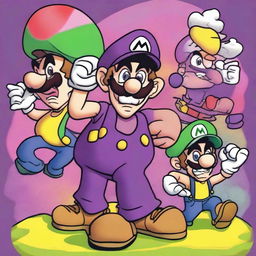 Draw Wario and Waluigi holding Luigi in a playful manner