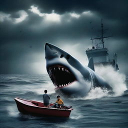 A dramatic movie poster featuring a great white shark, a fishing boat in a storm, a semi-submersible vessel, a boy, his father, and an evil naval general