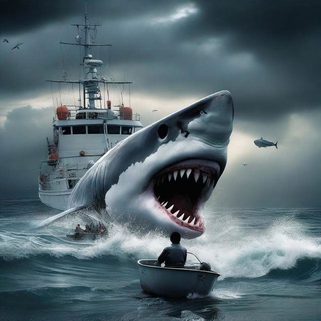 A dramatic movie poster featuring a great white shark, a fishing boat in a storm, a semi-submersible vessel, a boy, his father, and an evil naval general