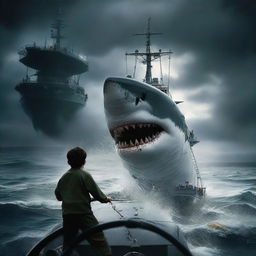 A dramatic movie poster featuring a great white shark, a fishing boat in a storm, a semi-submersible vessel, a boy, his father, and an evil naval general