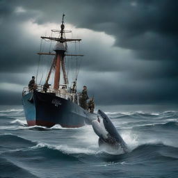 A dramatic movie poster featuring a great white shark, a fishing boat in a storm, a semi-submersible vessel, a boy, his father, and an evil naval general