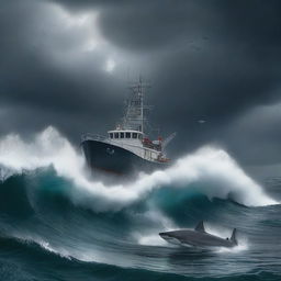 A dramatic scene featuring a semi-submersible and a fishing boat caught in a violent storm