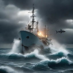 A dramatic scene featuring a semi-submersible and a fishing boat caught in a violent storm