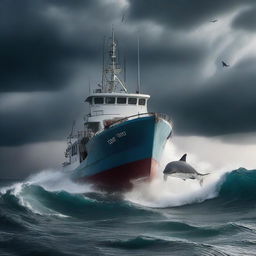 A dramatic scene featuring a semi-submersible and a fishing boat caught in a violent storm