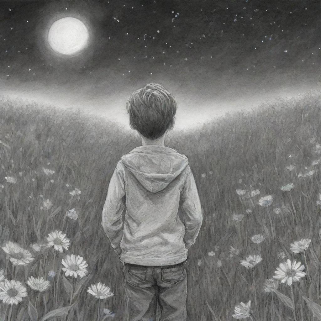 Sketchy pencil drawing of a boy from the back, gazing up at the night sky in a field of flowers.