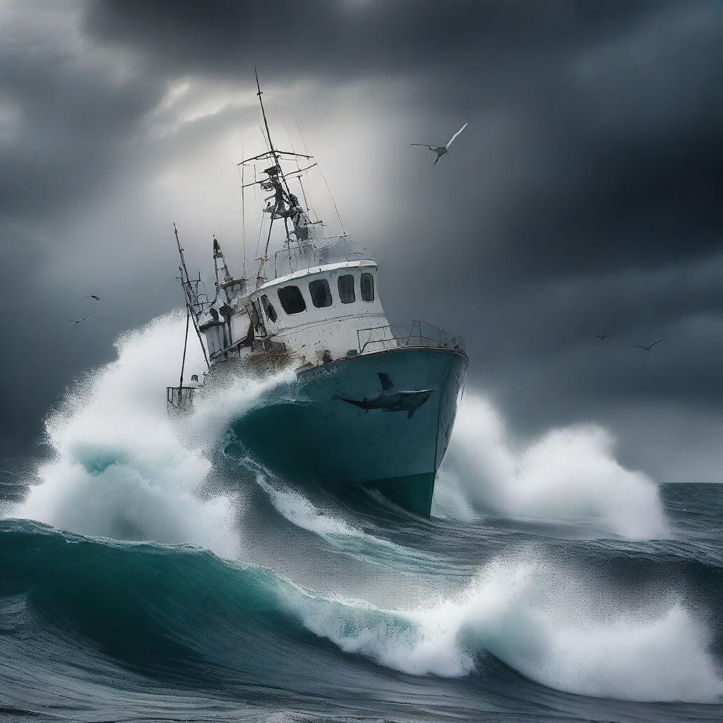 A dramatic scene featuring a semi-submersible and a fishing boat caught in a violent storm