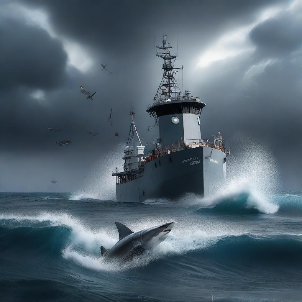 A dramatic scene featuring a semi-submersible research facility and a fishing boat caught in a violent storm