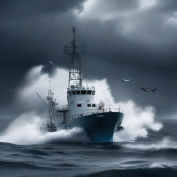 A dramatic scene featuring a semi-submersible research facility and a fishing boat caught in a violent storm