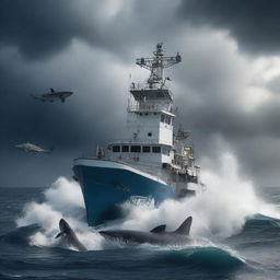 A dramatic scene featuring a semi-submersible research facility and a fishing boat caught in a violent storm