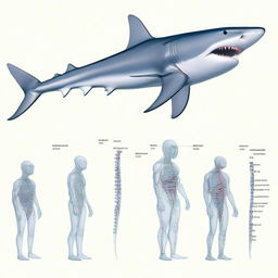 A scientific graphic design illustrating the transformation of a human into a shark