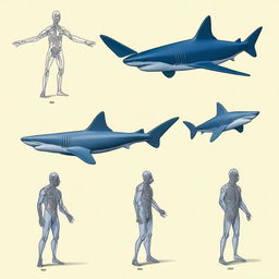 A scientific graphic design illustrating the transformation of a human into a shark