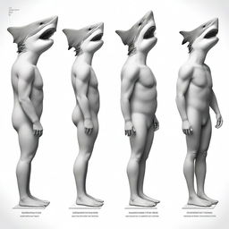 A scientific graphic design showing the evolutionary stages of a human transforming into a shark