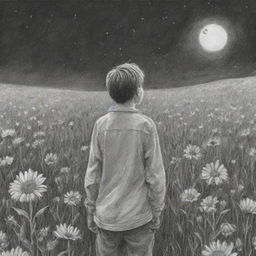 Sketchy pencil drawing of a boy from the back, gazing up at the night sky in a field of flowers.