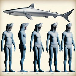 A scientific graphic design showing the evolutionary stages of a human transforming into a shark