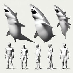 A scientific graphic design showing the evolutionary stages of a human transforming into a shark