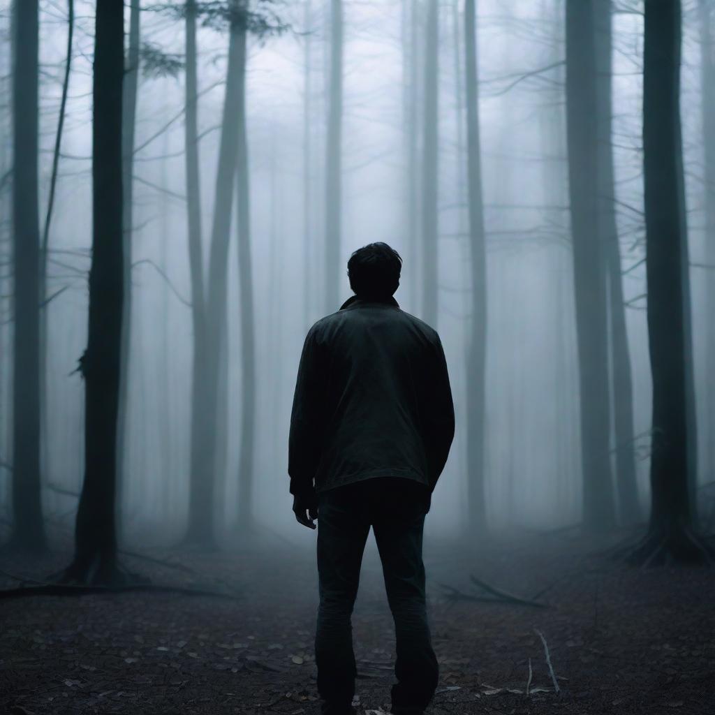 A suspenseful scene from a thriller movie where the protagonist is standing at a fork in a dark, eerie forest, contemplating which path to take