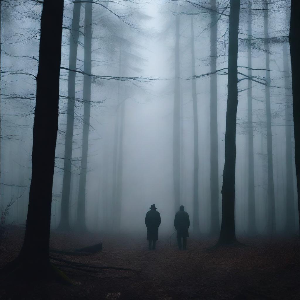 A suspenseful scene from a thriller movie where the protagonist is standing at a fork in a dark, eerie forest, contemplating which path to take