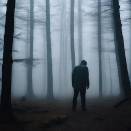 A suspenseful scene from a thriller movie where the protagonist is standing at a fork in a dark, eerie forest, contemplating which path to take