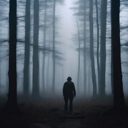 A suspenseful scene from a thriller movie where the protagonist is standing at a fork in a dark, eerie forest, contemplating which path to take