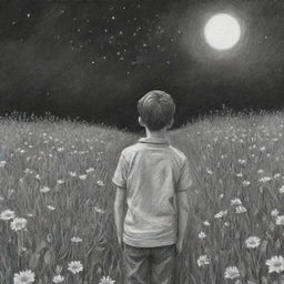 Sketchy pencil drawing of a boy from the back, gazing up at the night sky in a field of flowers.