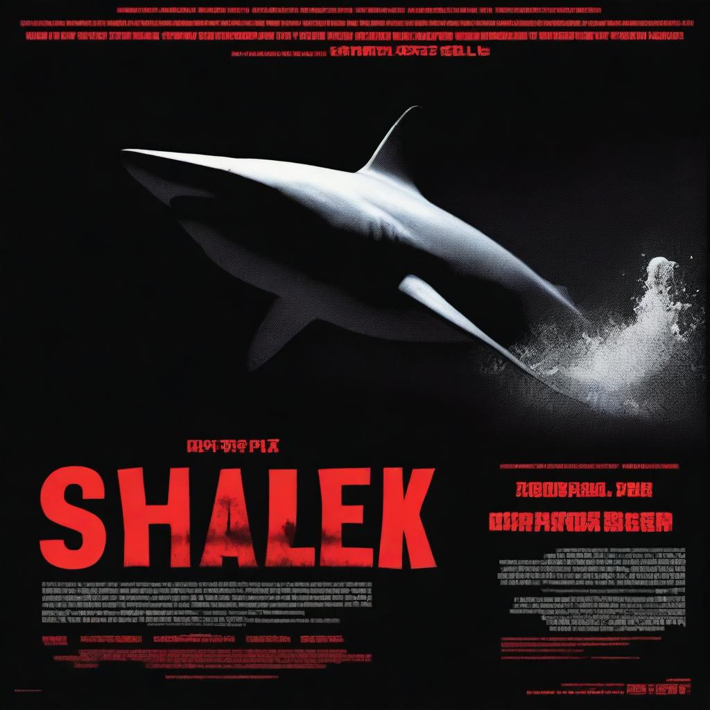 A movie poster titled 'Sharksapien' featuring a great white shark swimming in deep, black water