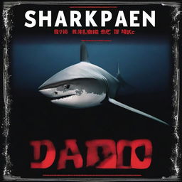 A movie poster titled 'Sharksapien' featuring a great white shark swimming in deep, black water