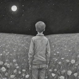 Sketchy pencil drawing of a boy from the back, gazing up at the night sky in a field of flowers.