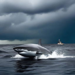 A dramatic scene of a great white shark swimming in deep black water, with a semi-submersible research station visible on the surface during a storm