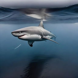 A dramatic scene of a great white shark swimming in deep black water, with a semi-submersible research station visible on the surface during a storm