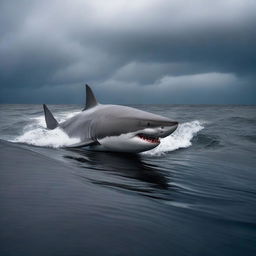 A dramatic scene of a great white shark swimming in deep black water, with a semi-submersible research station visible on the surface during a storm