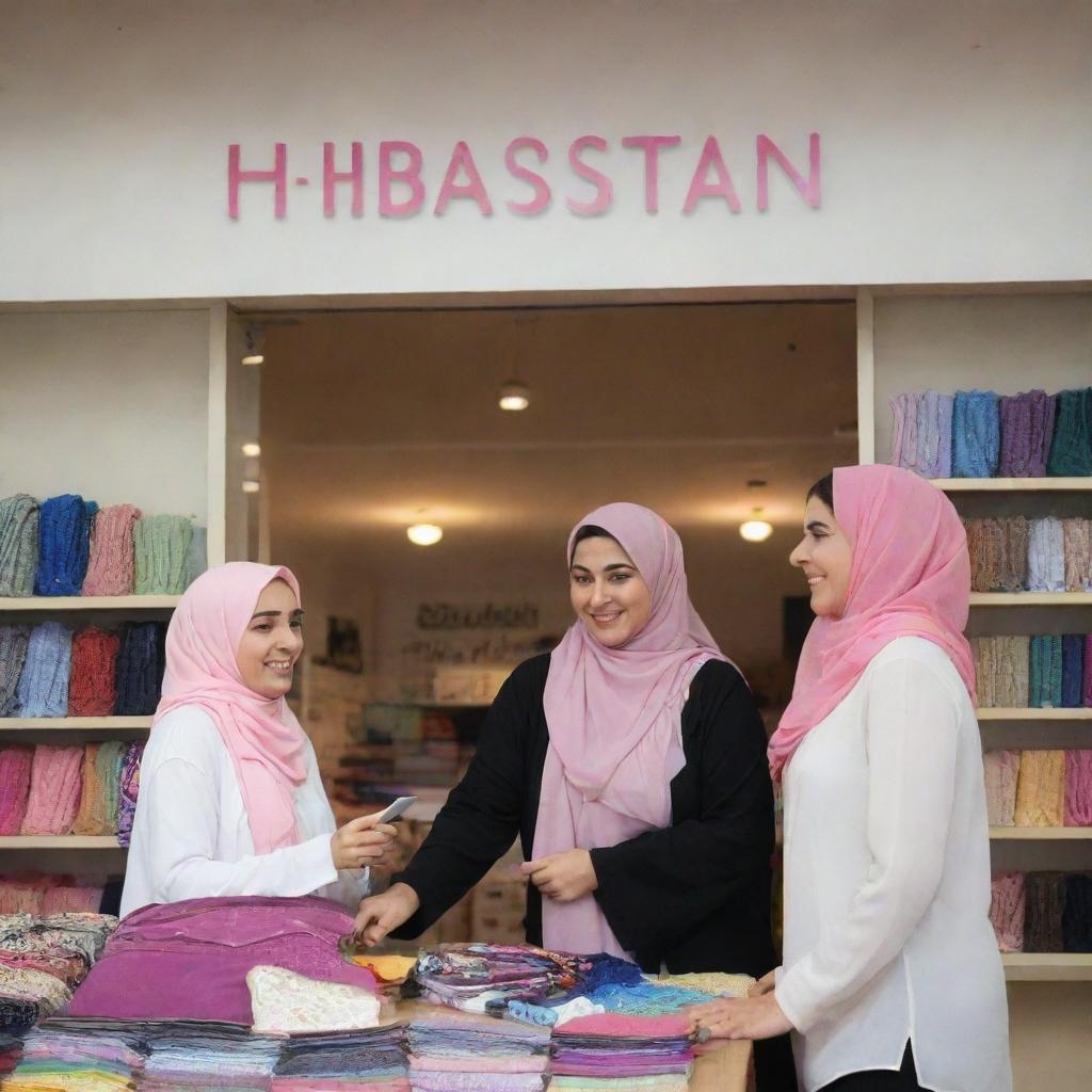 A well-lit hijab shop with a nameplate reading 'Hijabistan4u' at the top. Three happy hijabi women are browsing the various colorful hijabs available.