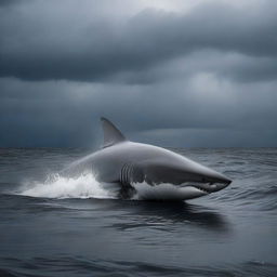 A dramatic scene of a great white shark swimming in deep black water, with a semi-submersible research station visible on the surface during a storm