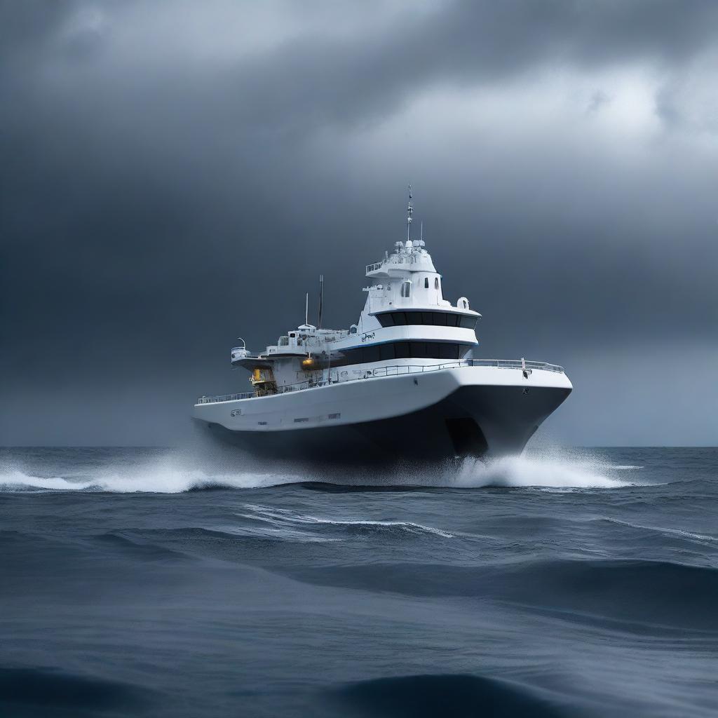 A semi-submersible research station on the surface of the ocean during a storm