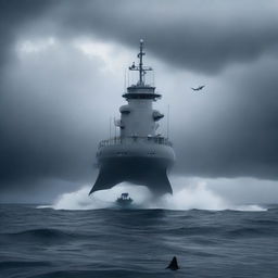 A semi-submersible research station on the surface of the ocean during a storm