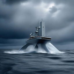 A semi-submersible research station on the surface of the ocean during a storm