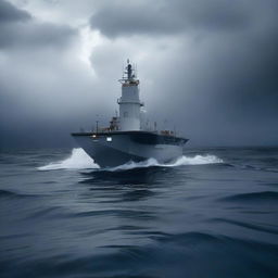 A semi-submersible research station on the surface of the ocean during a storm