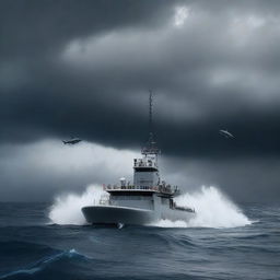 A semi-submersible research station on the surface of the ocean during a storm