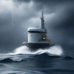 A semi-submersible research station on the surface of the ocean during a storm