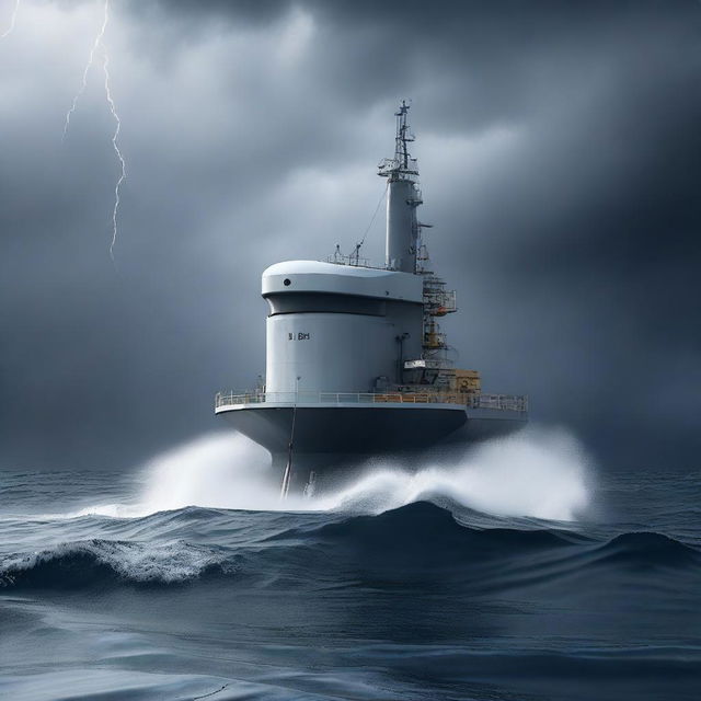 A semi-submersible research station on the surface of the ocean during a storm