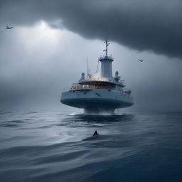 A semi-submersible research station on the surface of the ocean during a storm