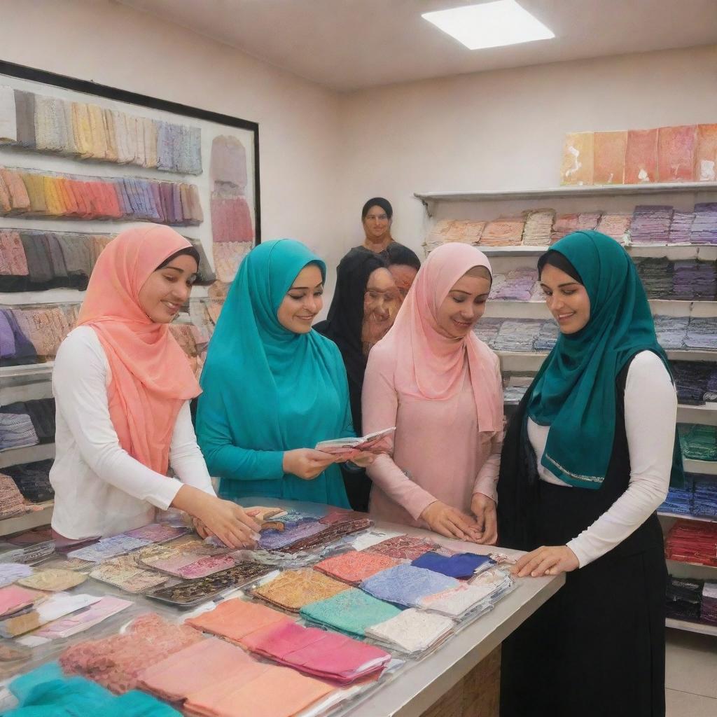 A well-lit hijab shop with a nameplate reading 'Hijabistan4u' at the top. Three happy hijabi women are browsing the various colorful hijabs available.