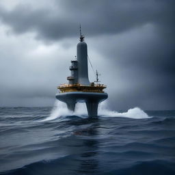 A semi-submersible research station on the surface of the ocean during a storm