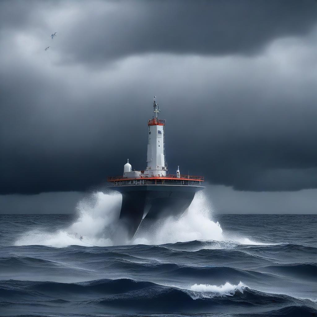 A semi-submersible research station on the surface of the ocean during a storm