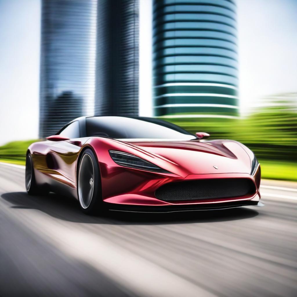 A beautiful and fast car, sleek and modern with an aerodynamic design, speeding down a highway with a blurred background to emphasize its speed