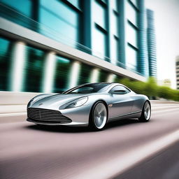 A beautiful and fast car, sleek and modern with an aerodynamic design, speeding down a highway with a blurred background to emphasize its speed