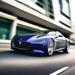 A beautiful and fast car, sleek and modern with an aerodynamic design, speeding down a highway with a blurred background to emphasize its speed